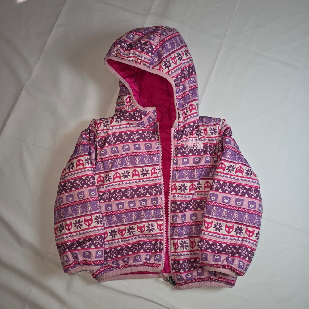 The North‎ Face Toddler Reversible Puffer Jacket Pink Fair Isle Print Hooded - Picture 7 of 9